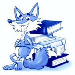 Blauer Lesefuchs lehnt sich an Büchern